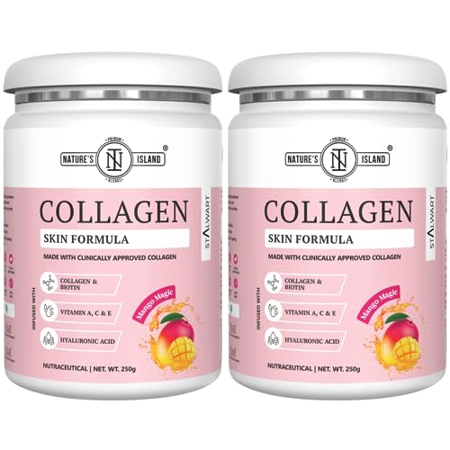 Image of Nature's Island Hydrolyzed Marine Collagen for Skin, Hair supplements for men, Women with Collagen Powder, Hyaluronic Acid, Biotin & Vitamin A, C, E - 250gm (Mango Magic), 2 count, 25 servings