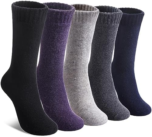 LINEMIN Wool Socks for Women Winter Warm Hiking Thick Warm Cozy Boot Crew Gift Socks 5 Pairs (Purple/Blue/Black/Dark Gray/Light Gray)