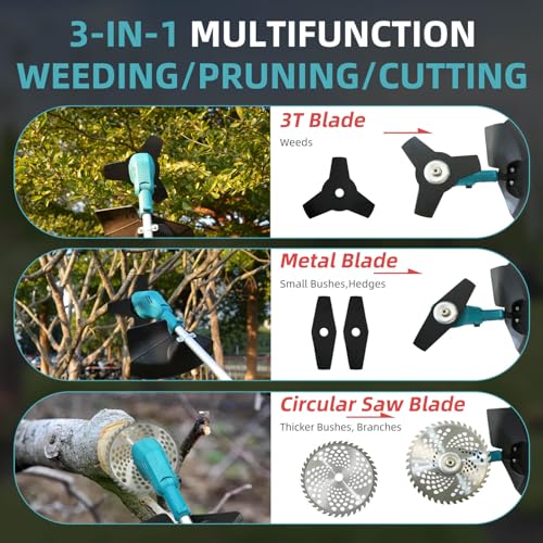 Image of 3- in-1 Electric Weed Eater, Brushless Weed Wacker Cordless, Brush Cutter with 2Pcs 4.0Ah Batteries, 1200W Motor, 6 Blades, Battery Powered Grass /String Trimmer Lawn for Yard and Garden