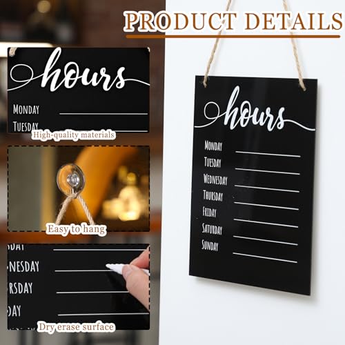 Threehoney 3 Pcs Dry Erase Store Hours Sign Set Include 8 x 10 Inch Erasable Business Hours Sign with Rope Dry Erase Maker and Suction Cup for Office Cafe Restaurant Outside Window Door (Black)