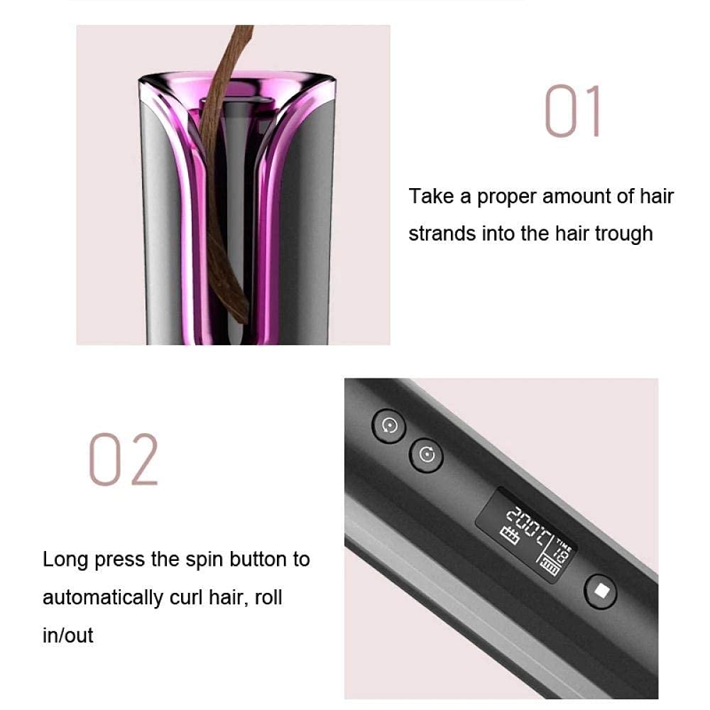 Cuervillo portátil para Cabello portátil Curling Automatic Hierro, Viaje de Carga USB Inteligente Curling Inalámbrico Pinzas LCD Curling Automático Hierro