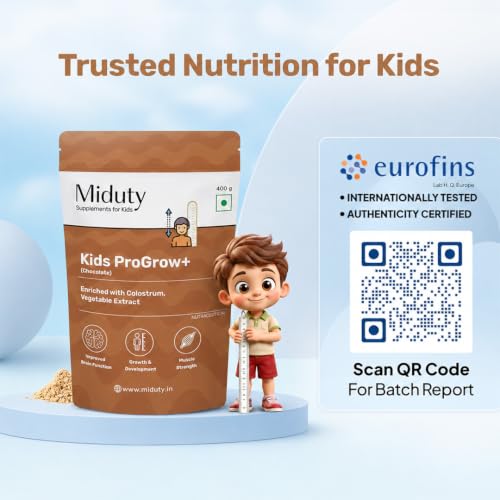 Image of Miduty ProGrow+ Kids Chocolate Shake with Whey, MCT & Colostrum - Supports Growth, Energy, Brain & Immunity - With Active Vitamins, Minerals & Herbal Extracts - Chocolate, 400g