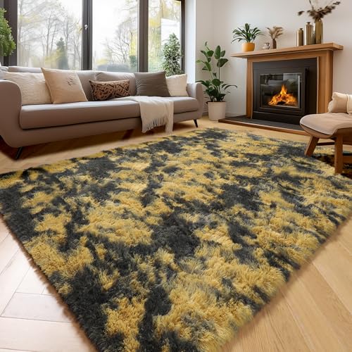 Amdrebio Black Gold Yellow Grey Rugs for Living Room Bedroom Decor, 8x10 Large Fluffy Furry Fuzzy Area Rug for Kids Room Dorm Home Office, Modern Cool Leopard Cheetah Big Carpet for Teen Boys Men