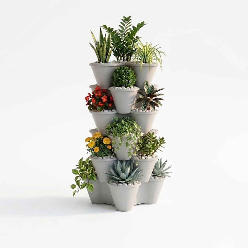 ORGANIZED Strawberry Planter Trio 3-Tier Stacking Pots – Pack of 6 Vertical Garden Planters for Herbs, Flowers & Vegetables Indoor Outdoor Gardening Pots (Silver)