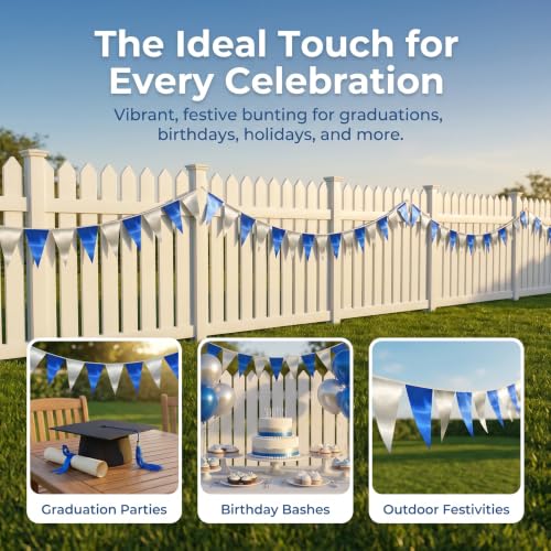 Image of 130FT Navy Blue Silver Triangle Pennant Banner Flag Metallic Fabric Bunting Garland for Christmas Graduation Birthday Wedding Bridal Shower Nautical Ahoy Achor Theme Party Decorations Supplies