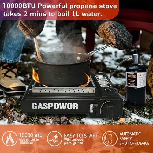 Propane or Butane Stove with Windblocker, Dual Fuel 10,000 BTU Propane Stove for Camping, Automatic Ignition, Gas Portable Stove with Propane Adapter Hose Carrying Case for Hiking (Fuel Not Included)