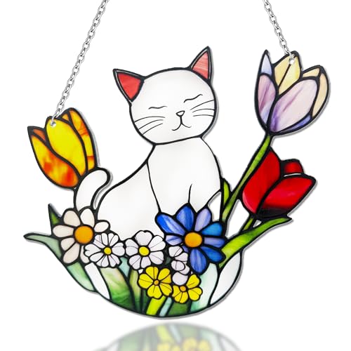 Stained Glass Sun Catchers Indoor Window, Suncatchers for Windows Hanging, Cat Suncatcher for Window & Garden Decor Unique - (White Cat)