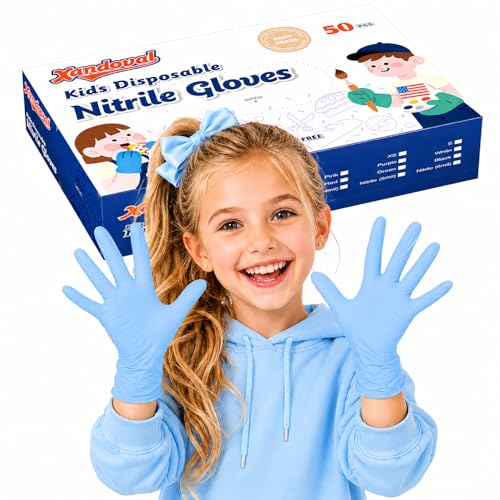 Xandoval Kids Disposable Gloves for 3-8 Years, 5Mil Blue Nitrile Gloves with Latex-Free and Powder-Free, Durable and Protective for Work, Cleaning, Cooking, Gardening (XS,50PCS)