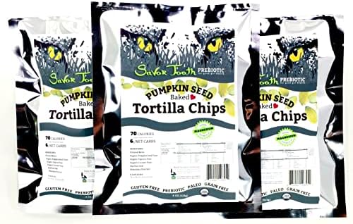 Savor Tooth Paleo LOW CARB Baked PUMPKIN SEED Tortilla Chips, 70 calories | 6 Net Carbs per serving, Organic, Gluten Free, Grain Free, Paleo, Vegan, 3 Packages - 4 ounces each, Crunchy Dip Chip