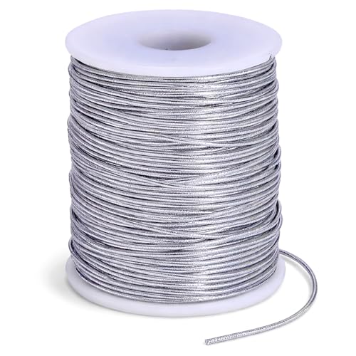 MUBYOK 1.5mm Silver Elastic String for Car Freshie Supplies | 110 Yards Metallic Stretchy Cord for Bracelets Jewelry Making DIY Crafts Gift Wrapping Ornament Hanging & Hair Braids