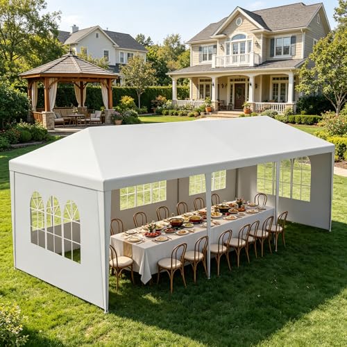 Image of 10' x 30' White Canopy Tent with 5 Removable Sidewalls, Outdoor Patio Gazebo with Transparent Windows, Shade Shelter Tents Ideal for Birthdays, Events, Parties, Weddings, Gatherings, BBQ