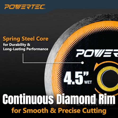Image of POWERTEC 4-1 /2 inch Continuous Rim Diamond Saw Blade for Angle Grinder, Diamond Blade for Cutting Ceramic, Porcelain, Natural Stone Tile, Wet Cutting Only 4.5 inch Diamond Blades, 1 Pack (14007)