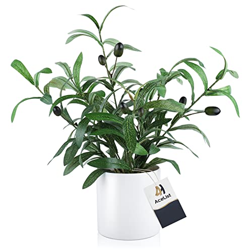 AceList Olive Tree Artificial Indoor,16.5 Inch Fake Olive Tree Realistic Potted Plants White Pot for...