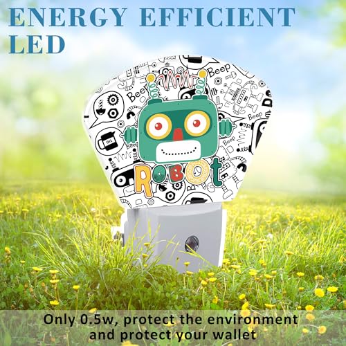 Image of Funny Cartoon Robot Night Light for Kids, Robot LED Night Light Plug into Wall with Dusk to Dawn Sensor for Girls Boys Women Men Bedroom, Hallway, Kitchen, Bathroom, Stairs Decor