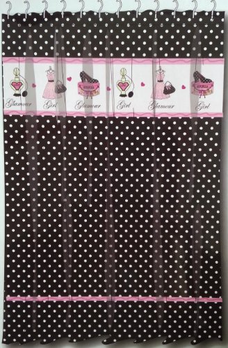 Black & White Polka Dot Fabric Shower Curtain w/Pink Diva Paris Chic – 70 x 72