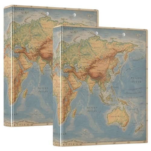 Image of Retro World Map Continents 3 Ring Binder with 2 Interior Pockets 1.5 inch Binders 3 Ring Heavy Duty Fit 8.5 inch x 11 inch Letter Size for Office School, 2 Pack