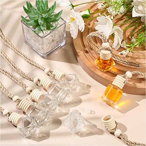 Image of Demissle 50 Pcs Hanging Car Air Freshener Car Diffuser Bottles Empty Glass Perfume Diffuser Bottles Pendant Bulk for Essential Oils Fragrance Aromatherapy Bottle Ornament(Cylindrical and Diamond)