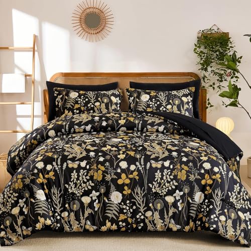 Sedefen Housse de Couette 220x240 Motif Feuilles + 2 Taies d'oreiller 65x65 cm,Tropicales Or et Noir Parure de lit Adulte 2 Personnes Linge de Lit en...
