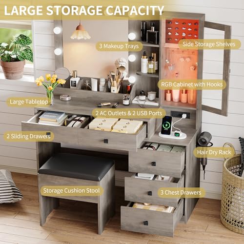 Image of Vanity Desk with Mirror and Lights, Makeup Vanity Table Set with 5 Storage Drawers, Power Outlet & Chair, Small Dressing Table with RGB Ambient Light, Adjustable Brightness for Girls Bedroom, Grey
