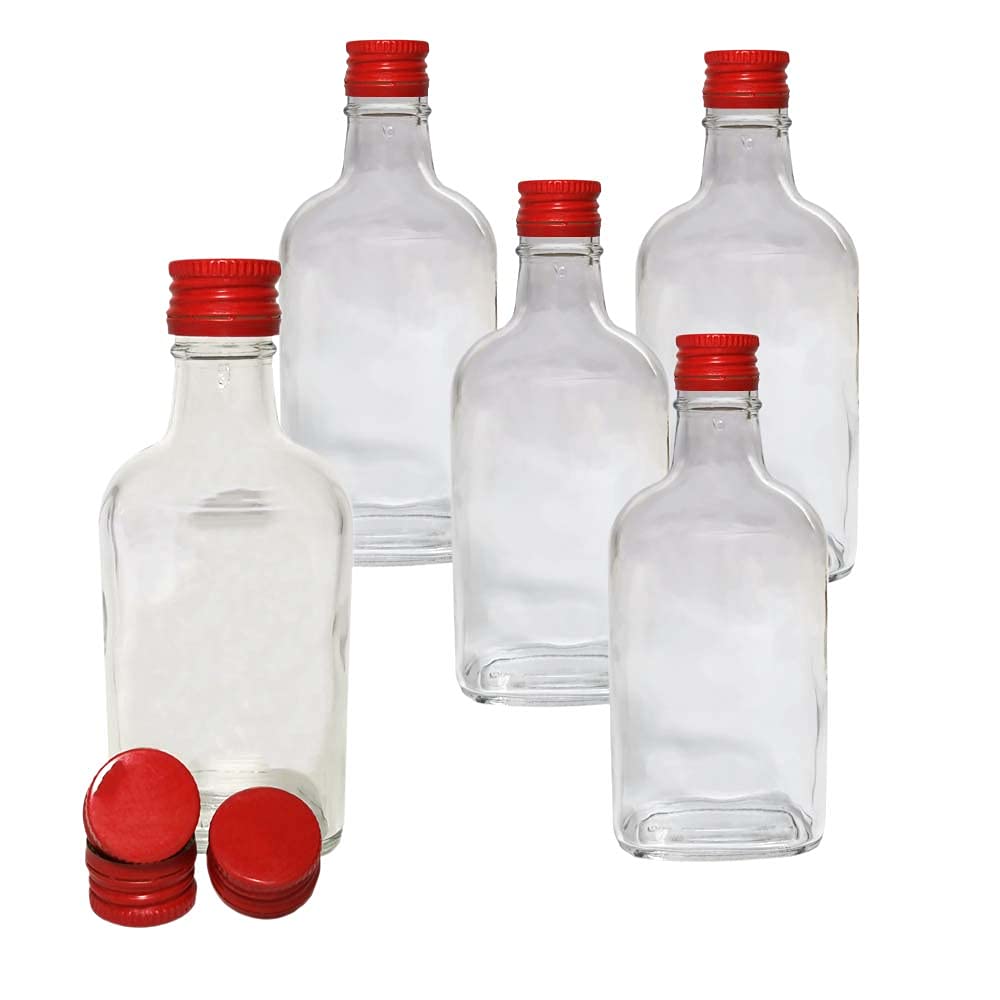 DIAH DO IT AT HOME Flask Glass Bottles & Red Metal Screw Caps 10 x 200m (Twist on Lids) - Home Brewing Gin Oil Vinegar Wine Vodka