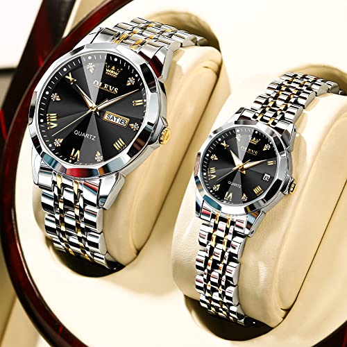 OLEVS Valentines Couple Pair Quartz Watches Luminous Calendar Date Window 3ATM Waterproof, Casual Stainless Steel His and Hers Wristwatch for Men Women Lovers Wedding Romantic Gifts Set of 2