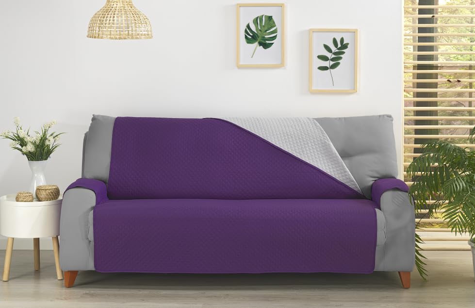 Funda Sofá 3 Plazas, Cubre Sofá Ajustable y Lavable, Antimanchas y Resistente, Protección Ideal para Mascotas, Diseño Moderno y Cómodo para el Hogar (Morado/Gris)