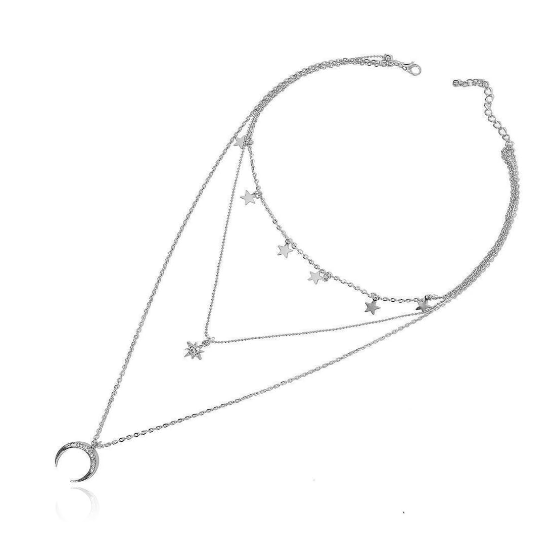 OIGWBPH Collar bohemio simple de plata hueca con varias cadenas y colgantes de luna y estrella para mujeres y niñas (plata)