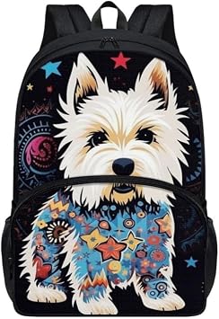 17" Galaxy Westie Backpack Kids Cute West Highland White Terrier Bookbag Middle High Double Zipper Fantasy Starry Night Schoolbag Daypack Travel Sturdy Satchel