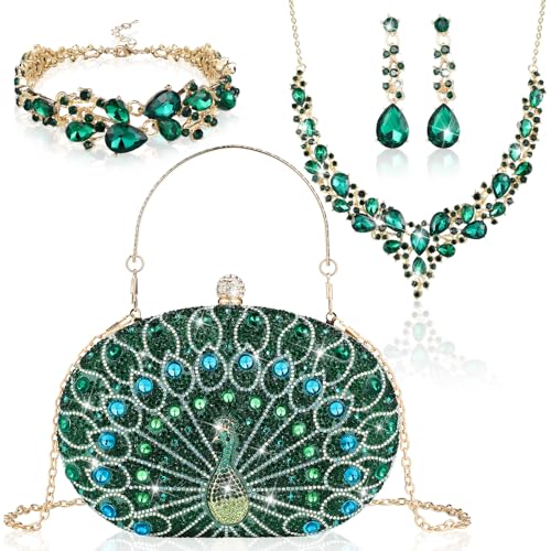 Quelay 4 Pcs Green Peacock Purse Rhinestone Jewelry Set for Wedding Bridal Women Handbag with Necklace Bracelet Dangle Earrings