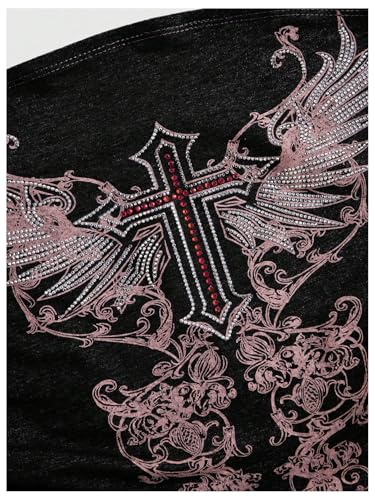 WDIRARA Women's Gothic Graphic Rhinestone Tube Top Strapless Grunge Punk Bandeau Crop Tops3