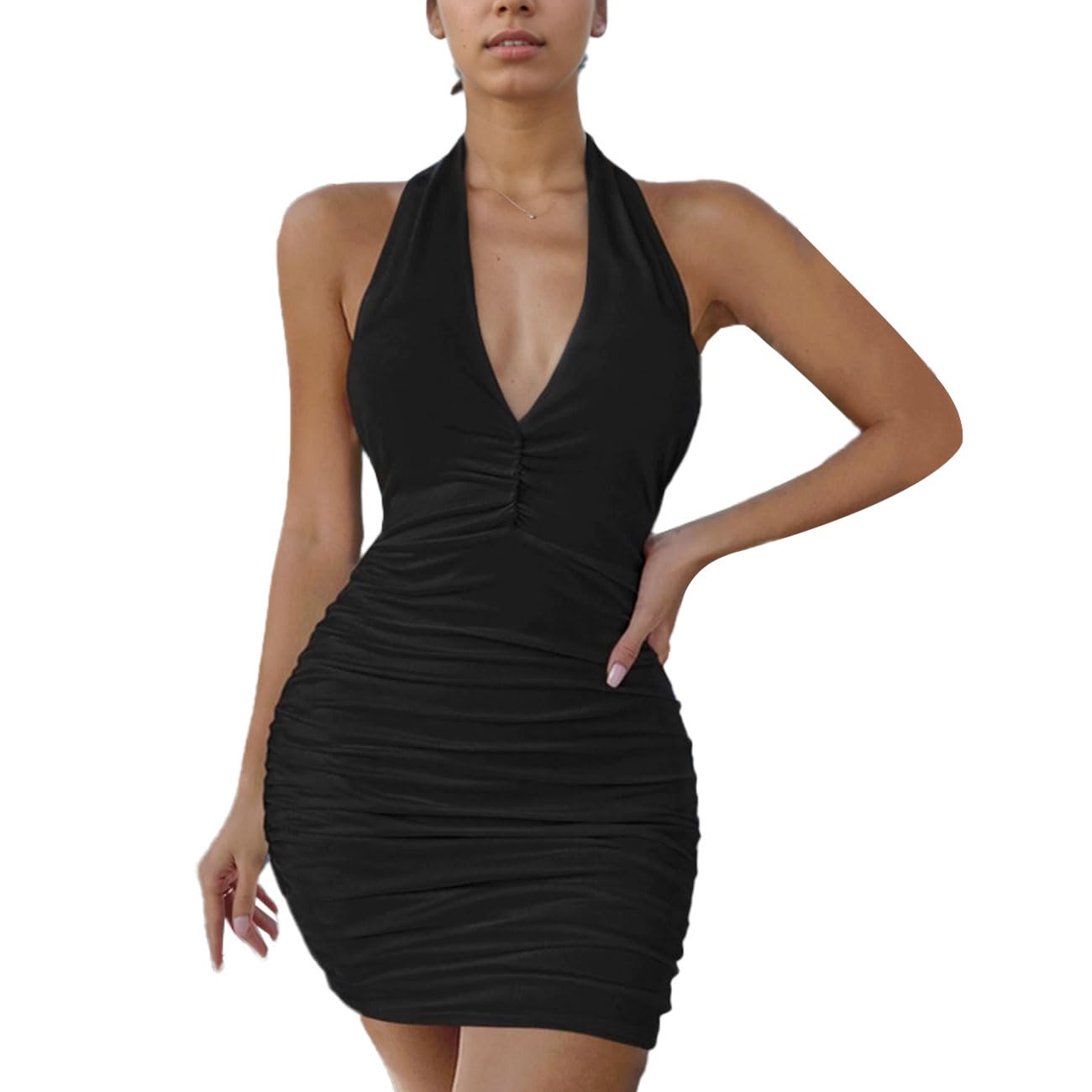 EMOTTOS Women Sexy Mini Wrap Dress, Sleeveless Ruched Bodycon Dresses with Deep V-Neck, Y2K Halter Backless Pencil Dress, High Elastic Cocktails Dress Night Out Club Party, Black, M