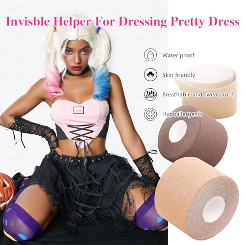 Boob Tape,2 Rolls Breast Tape With 10 Pairs Disposable Nipple Covers,Breast Lift Tape for A-E Cup Beige3