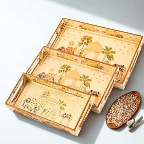 Image of Wooden Serving Tray with Gold Engraving | Set of 3 | Size : 16 x 10 inch, 14 x 8 inch & 12 x 6 inch | Enamel Coated Waterproof | Rectangular | Decorative Trays | Royal Camel and Elephant Set