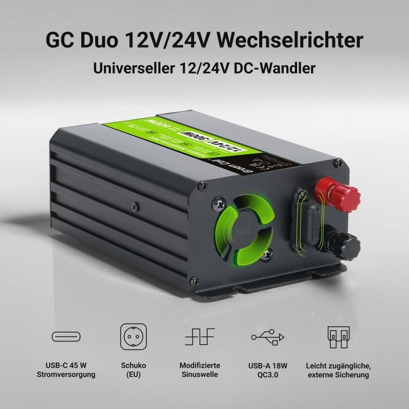 Green Cell power inverter showing key features like USB-C, EU socket, modified sine wave, USB-A, and external fuse