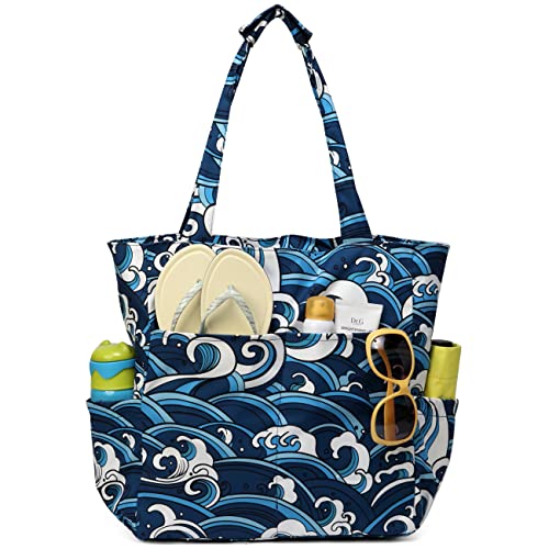 Kasgo Strandtasche Handtasche Damen, Wasserabweisend Sanddichte Große Tote Bag Schultertasche Aktentasche für Fitnessstudio, Reisen, Einkaufen, Schule Meereswelle Cover