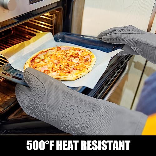 Rorecay Extra Long Oven Mitts and Pot Holders Sets: Heat Resistant Silicone Oven Mittens with Mini Oven Gloves Hot Pads Potholders for Kitchen Baking Cooking, Quilted Liner, Pack of 6 (Gray 4Pack)