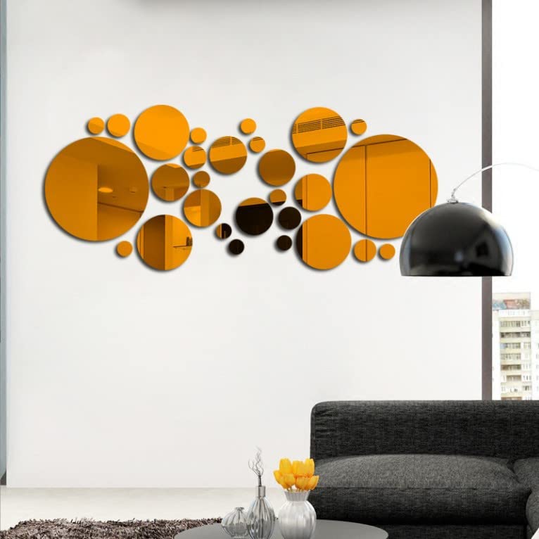 Wall Mirror, 26 PCS Acrylic Mirror Stick on Mirrors for Wall, Removable Peel and Stick Wall Decals for Home Living Room Bedroom (Dark Yellow)