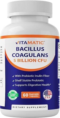 Vitamatic Bacillus Coagulans Suplemento probiótico estable - Promueve la salud digestiva gastrointestinal - 60 cápsulas vegetales - Sobrevive a los