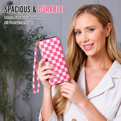 Image of Pink Checkered Wallet for Women, Zip Around Wristlet Wallet | Detachable Wrist Strap, Large Capacity for Phone, Cards, Cash & Travel