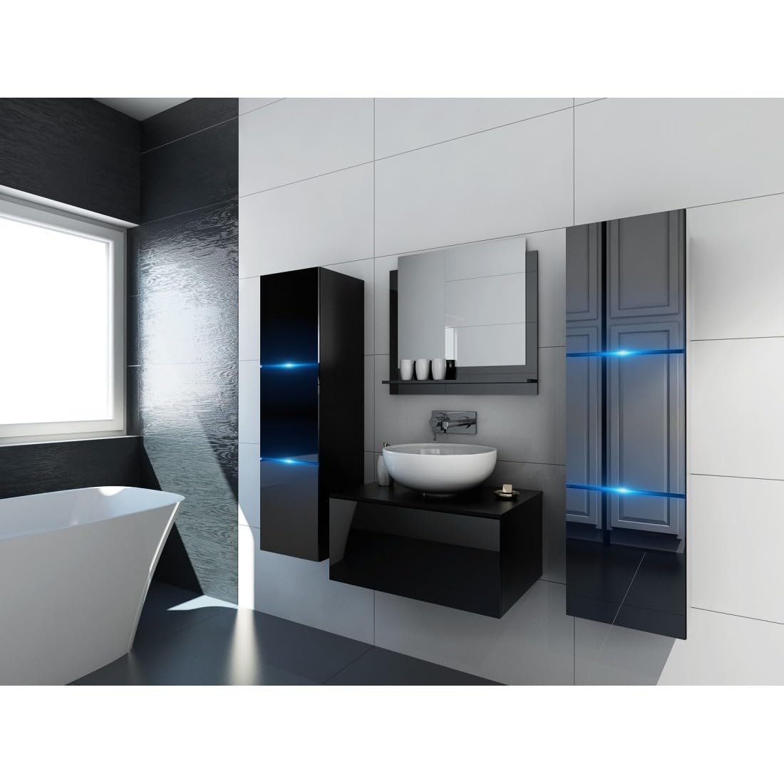 Meublorama Mobile sottolavabo sospeso Collezione Owl, Colore Nero Opaco e Nero Lucido, Ideale per Un Bagno di Design.