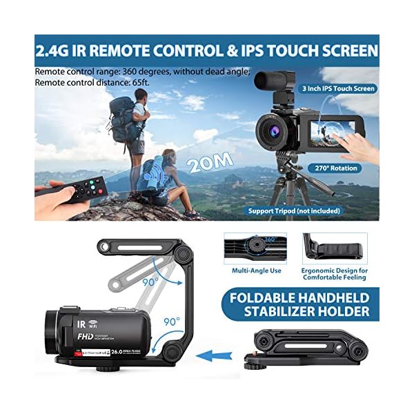 Videokamera Camcorder WiFi YouTube Vlogging Kamera FHD 1080P 30FPS 26MP 16X Digital Zoom IR Nachtsicht 7,6 cm IPS Touch… – Bild 6