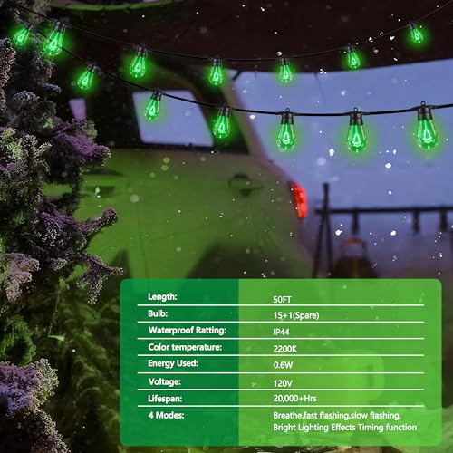LED Outdoor String Lights, 50FT Patio Lights with 16Pcs Shatterproof S14 Bulb(1 Spare),4 Lighting Mode, Connectable, Waterproof Green Edison Plastic Bulb Hanging Light for Yard Gazebo Porch Décor — view 2