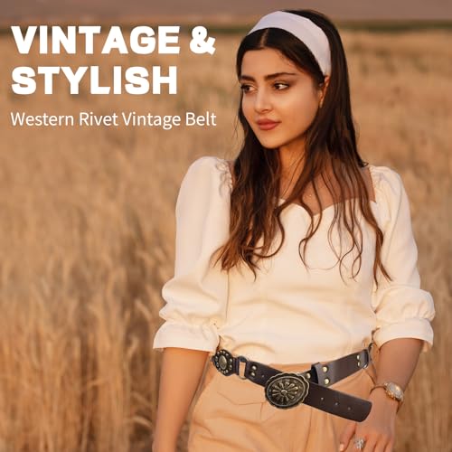 TINIDI Western Belts for Women Vintage Y2K Leather Belts Bronze Rivets Square Buckle Cowgirl Punk Waist Belt2