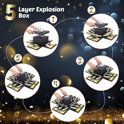 JIANTA 5-lagige Geschenkbox Explosionsbox Geburtstag Schwarz, DIY Überraschungsbox für Geschenkverpackung, Geburtstag, Weihnachten, Handgemachte Surprise Box
