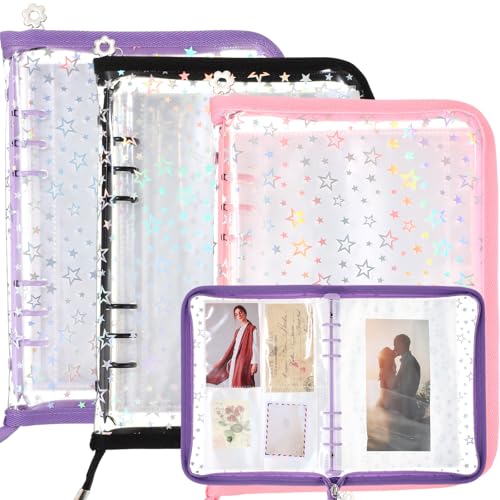 Image of Feifeiya 3 Pack 3 in 1 Sticker Storage Organizer Binder A5 Reusable Sticker Collecting Book Album Holder with Zipper Cards Keeper with 140 Pockets(Pink Black Purple)