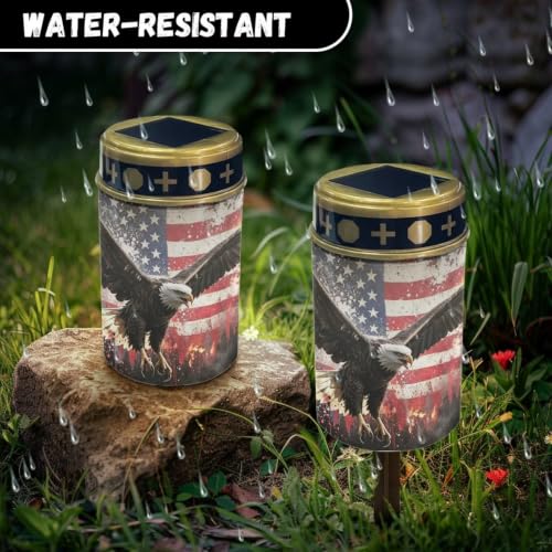 Image of Poceacles Solar Lights Outdoor Waterproof Cemetery Candles Solar Powered Grave Outdoor Decorative Walkway Lights for Lawn Garden Pathway Decor, Eagle American Flag Patriotic Print
