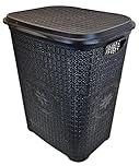 Best House | 65L Laundry Basket with Lid | BLACK | 65 Litres | Large | Plastic Hamper | Knitted/Rattan Style | Clothes Storage Washing Bin Basket Hamper for Bathroom Bedroom (Pack of 1)