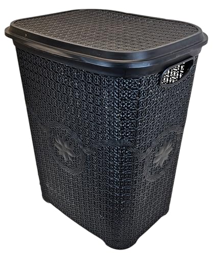 Best House | 65L Laundry Basket with Lid | BLACK | 65 Litres | Large | Plastic Hamper | Knitted/Rattan Style | Clothes Storage Washing Bin Basket Hamper for Bathroom Bedroom (Pack of 1)