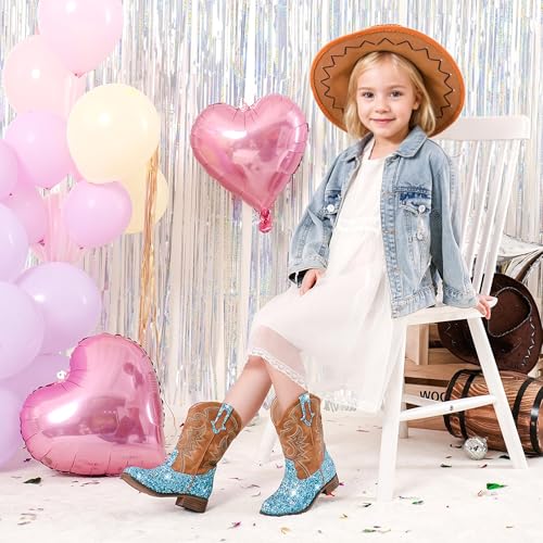 Girls Cowgirl Boots Mid Calf Square Toe Western Boot for Kids Glitter Cowboy Boot in Party for Toddler Little Big Girls Riding Shoes3