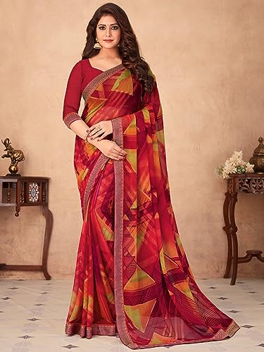 Image of AKHILAM Women's Chiffon Black Embellished Designer Saree With Blouse Piece